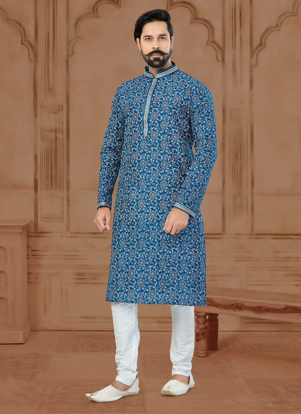 Digital Print Dupion Silk Blue Kurta - M5761