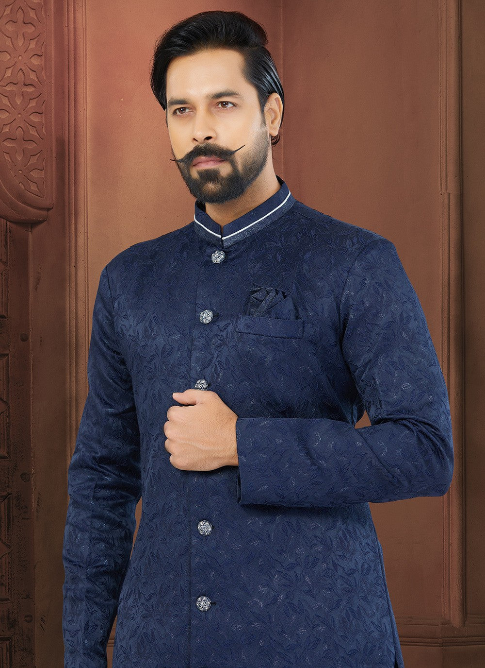Fancy Work Jacquard Blue Indo Western Sherwani - M5810