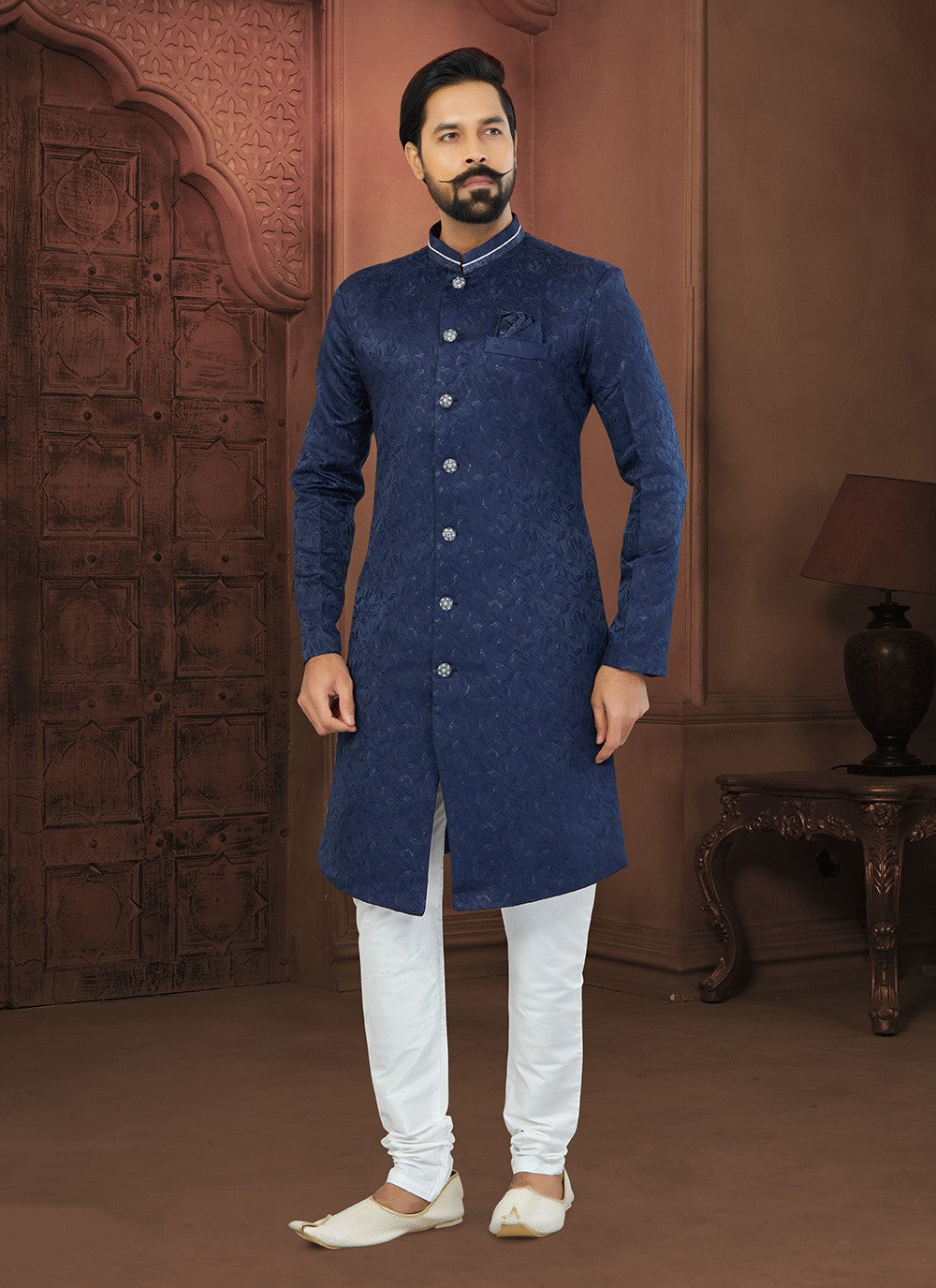 Fancy Work Jacquard Blue Indo Western Sherwani - M5810