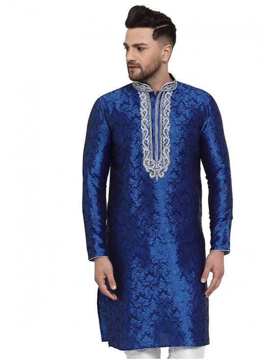 Embroidered Banarasi Silk Blue Kurta - M1609