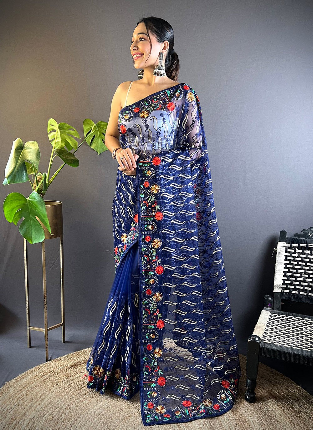Embroidered, Thread Net Saree - S11645