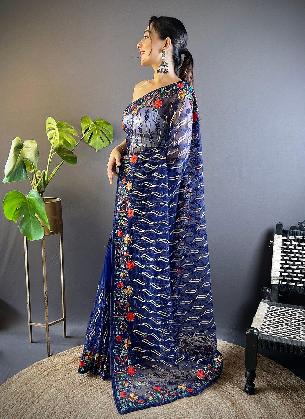 Embroidered, Thread Net Saree - S11645
