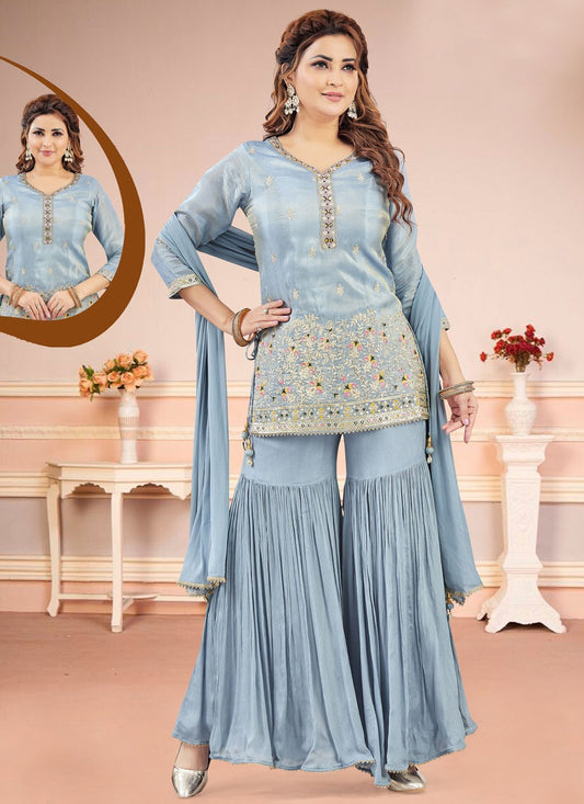 Palazzo Suit Embroidered Blue Silk T5842