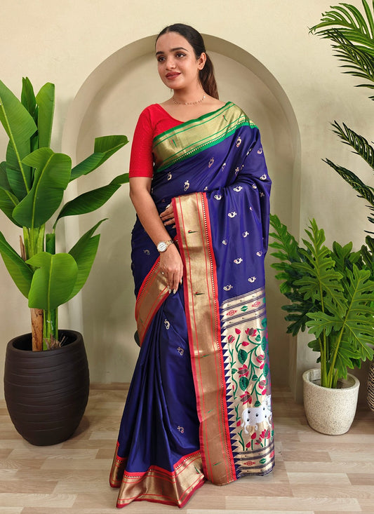 Weaving Zari Silk Blue Trendy Saree S15014