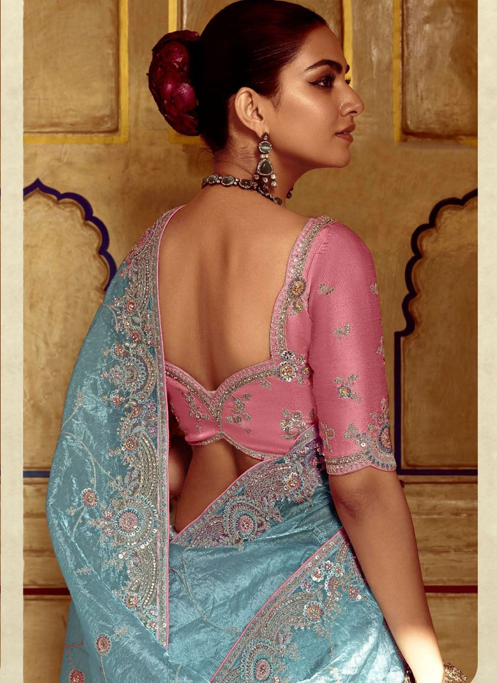 Embroidered Fancy Fabric Blue Saree S14383