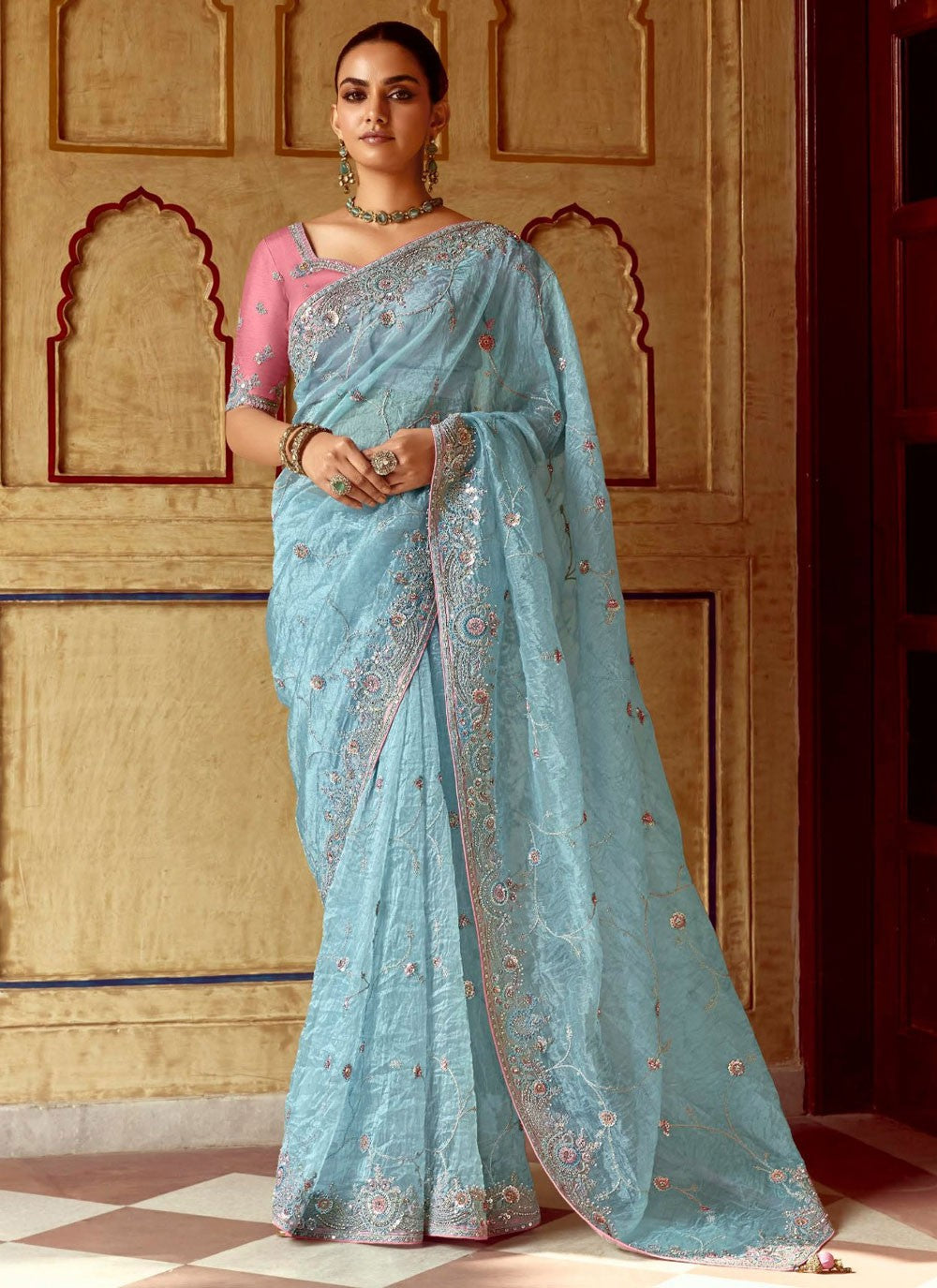 Embroidered Fancy Fabric Blue Saree S14383