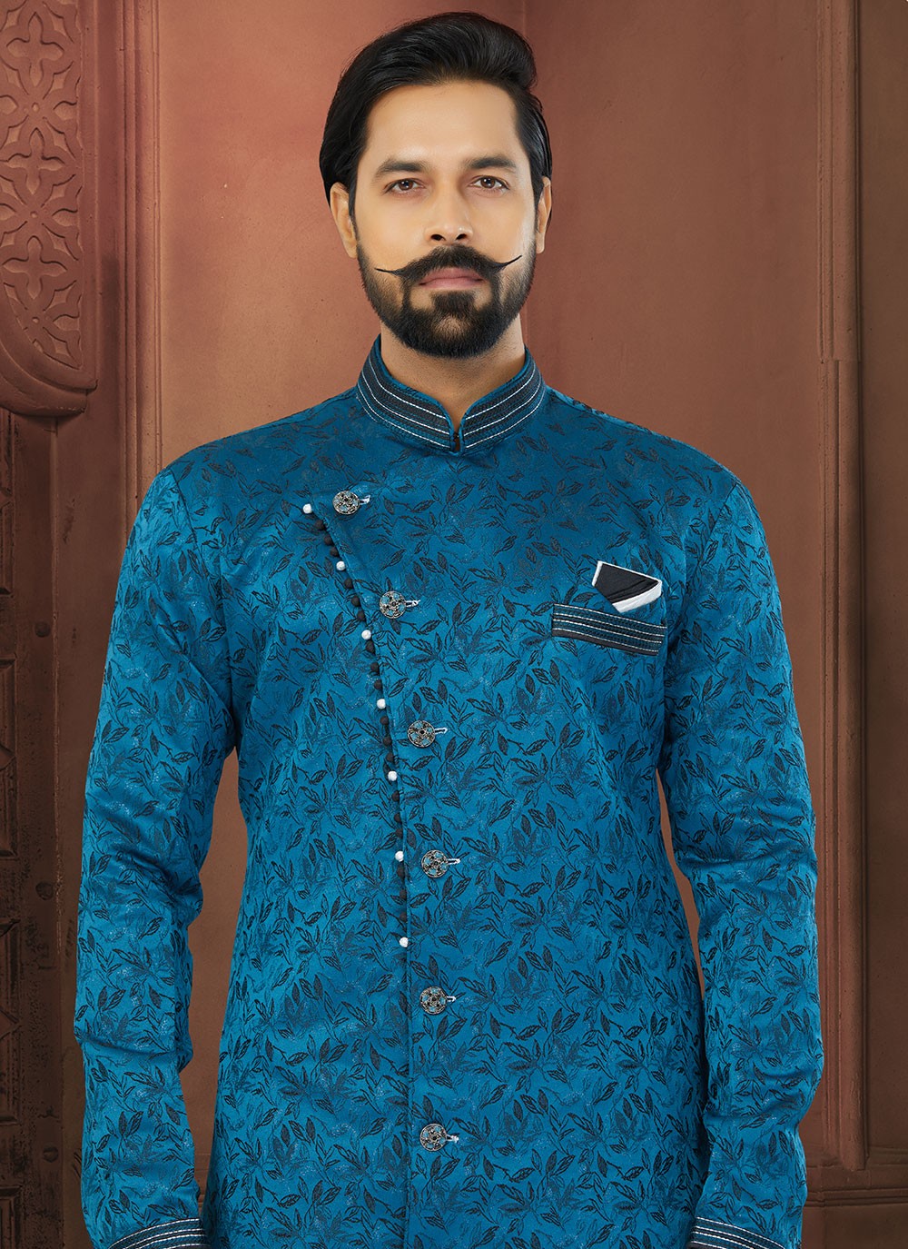 Fancy Work Jacquard Blue Indo Western Sherwani - M5795
