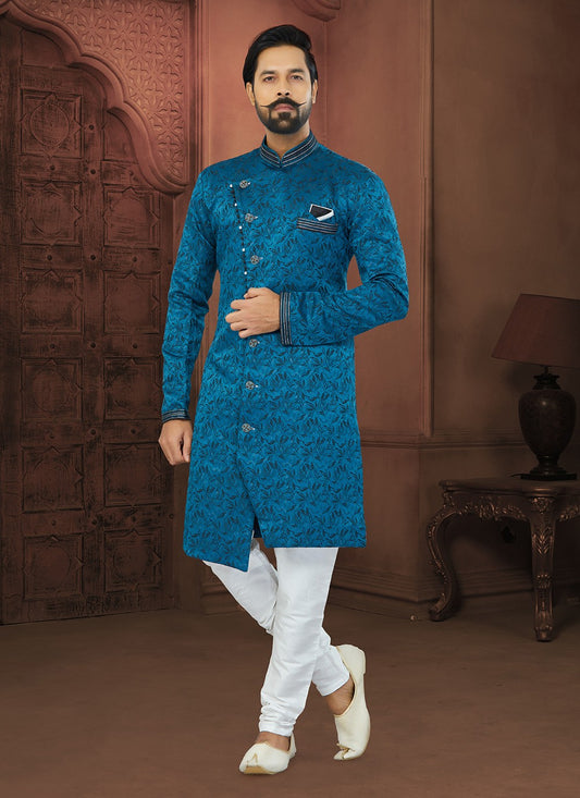Fancy Work Jacquard Blue Indo Western Sherwani - M5795