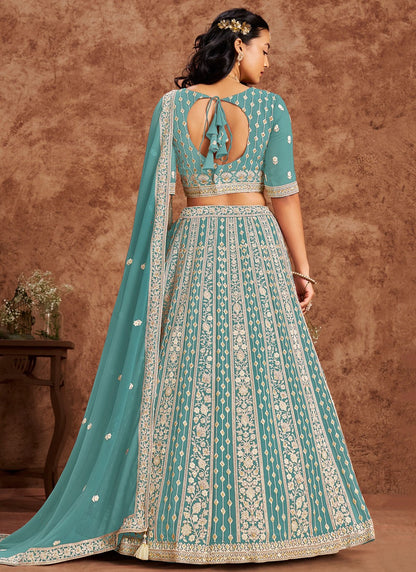 Embroidered Faux Georgette Blue Lehenga - L3231
