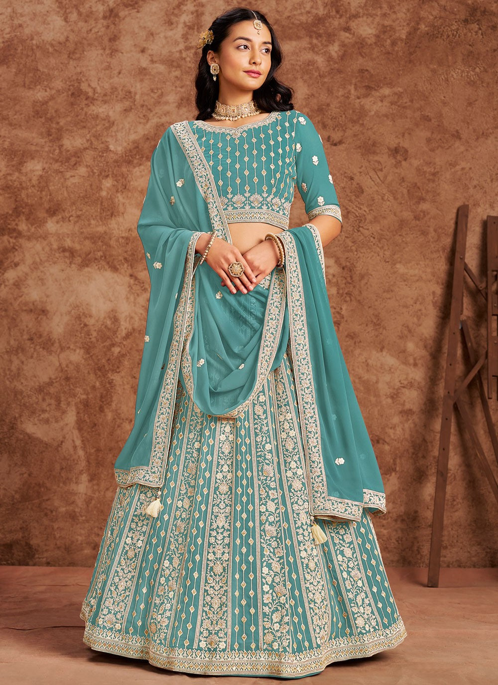Embroidered Faux Georgette Blue Lehenga - L3231