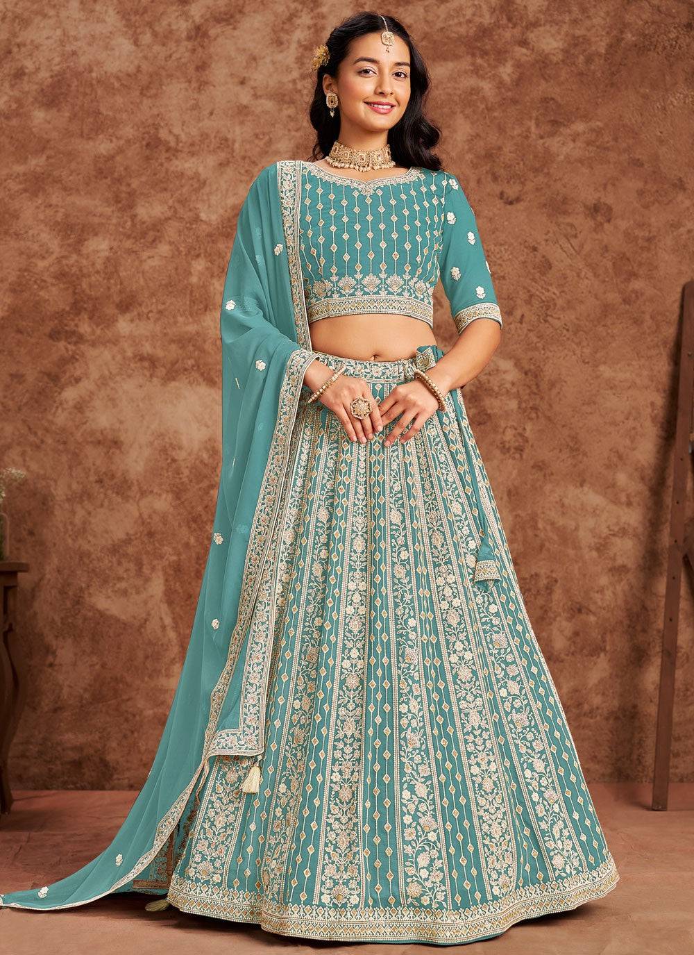 Embroidered Faux Georgette Blue Lehenga - L3231