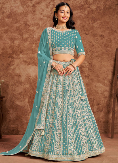 Embroidered Faux Georgette Blue Lehenga - L3231