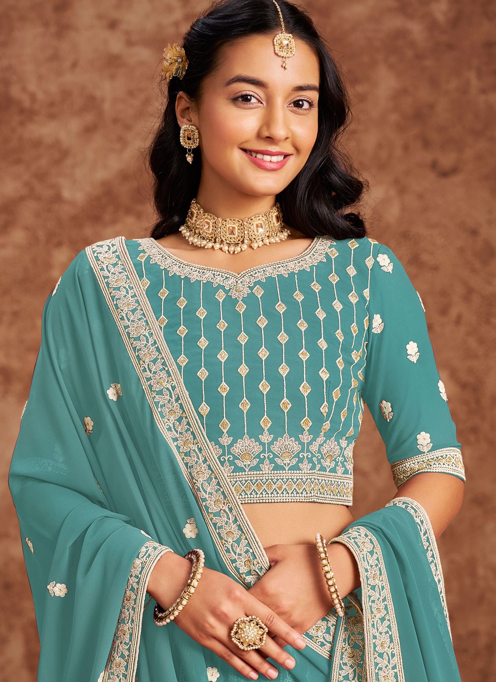 Embroidered Faux Georgette Blue Lehenga - L3231