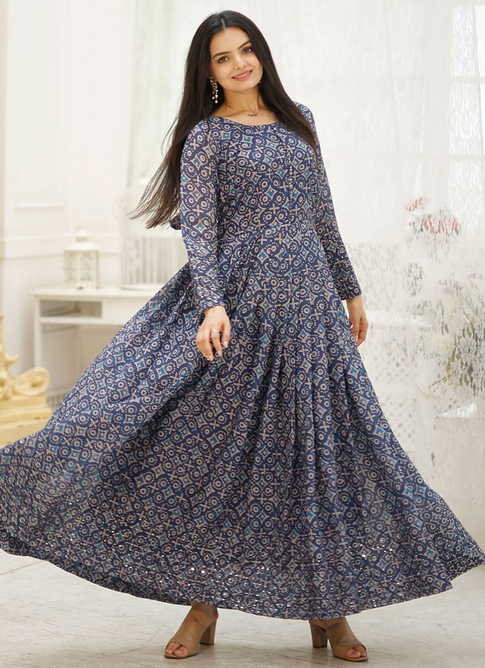 Printed Faux Georgette Gown - G1825