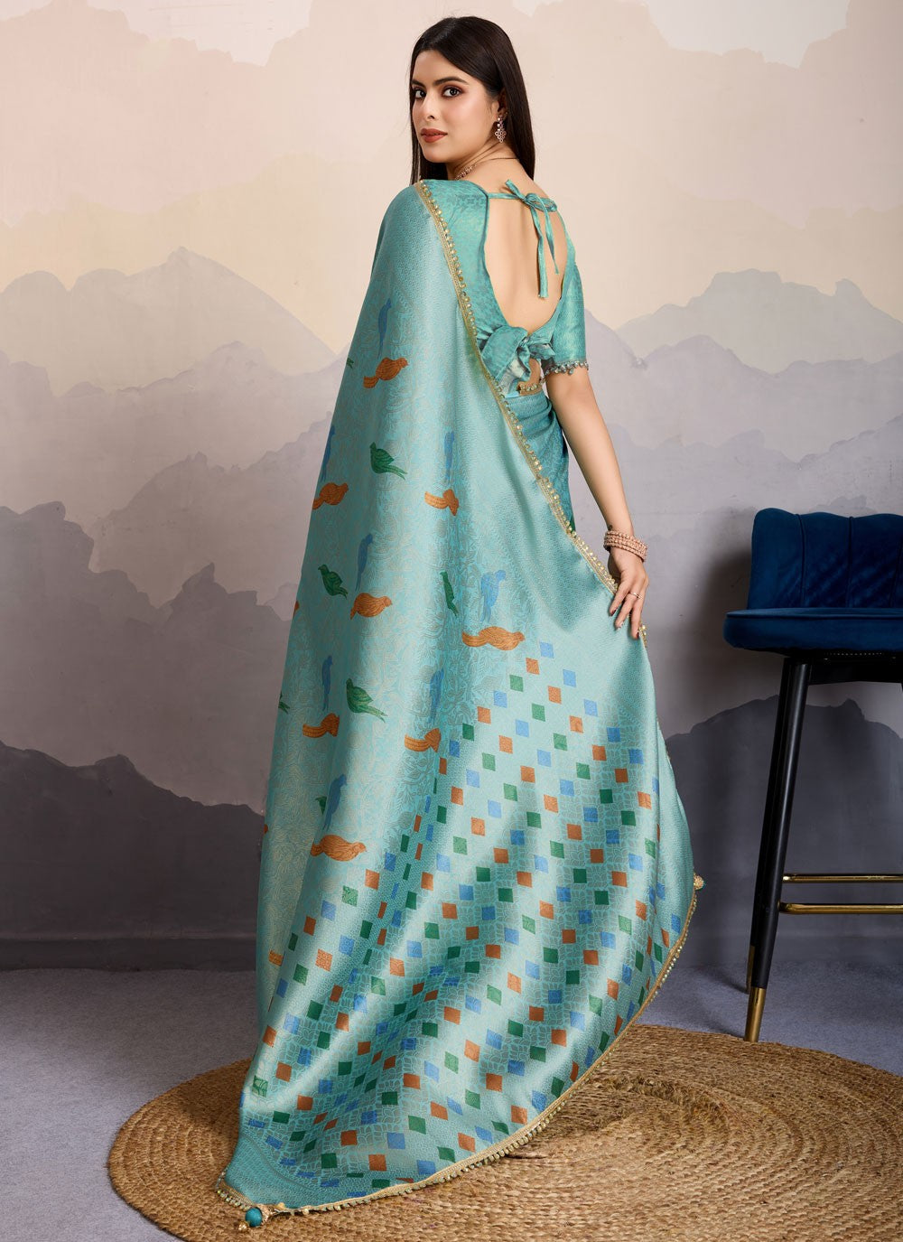 Designer Border Work Blue Brocade Saree S13582