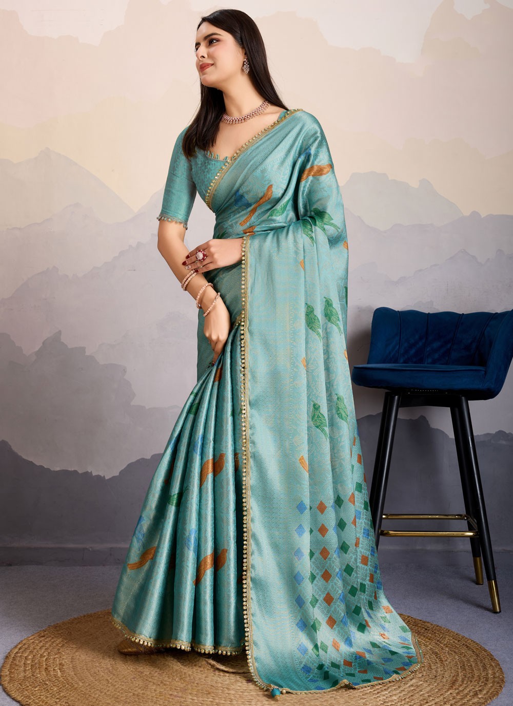 Designer Border Work Blue Brocade Saree S13582