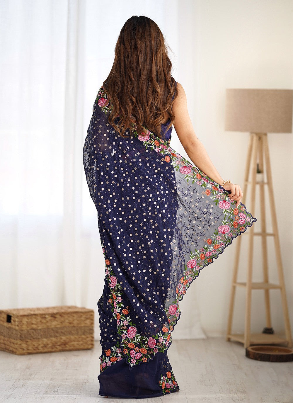 Classic Saree Embroidered Blue Georgette S12365