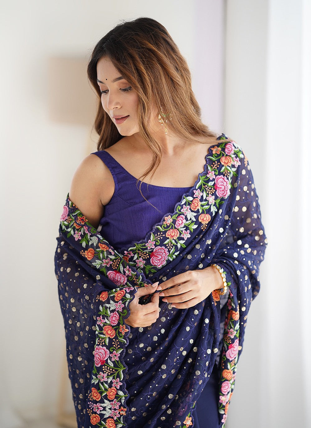 Classic Saree Embroidered Blue Georgette S12365
