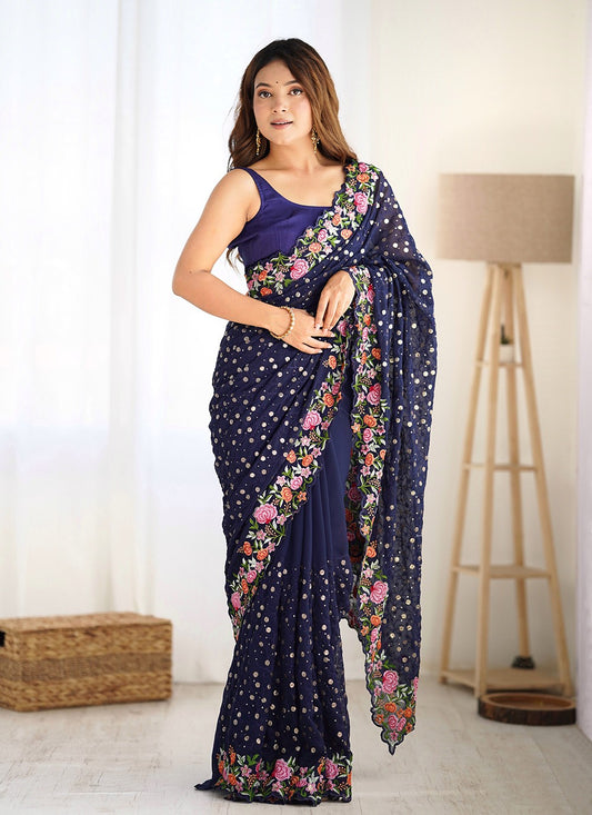 Classic Saree Embroidered Blue Georgette S12365