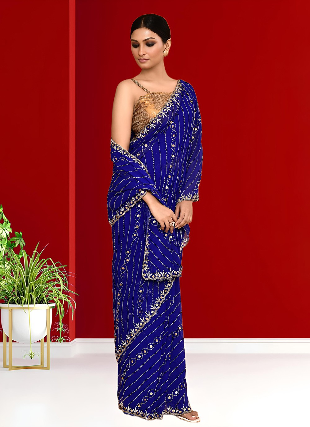 Hand Embroidery Georgette Blue Saree S14276