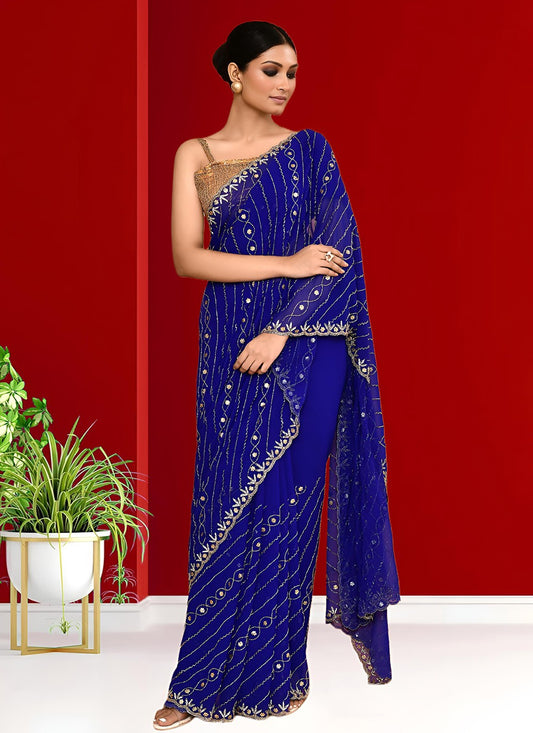 Hand Embroidery Georgette Blue Saree S14276