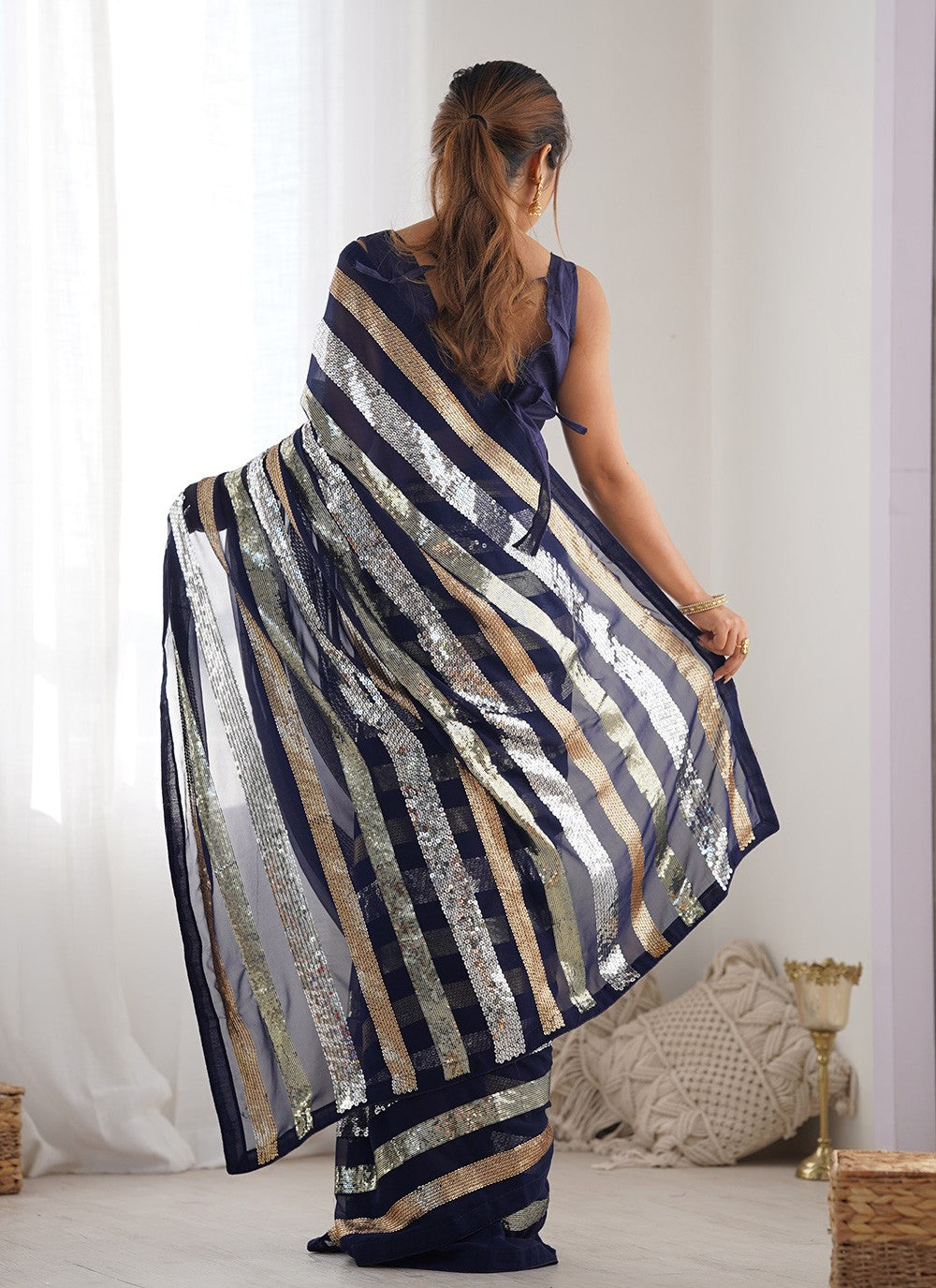 Contemporary Border Work Blue Georgette S12414