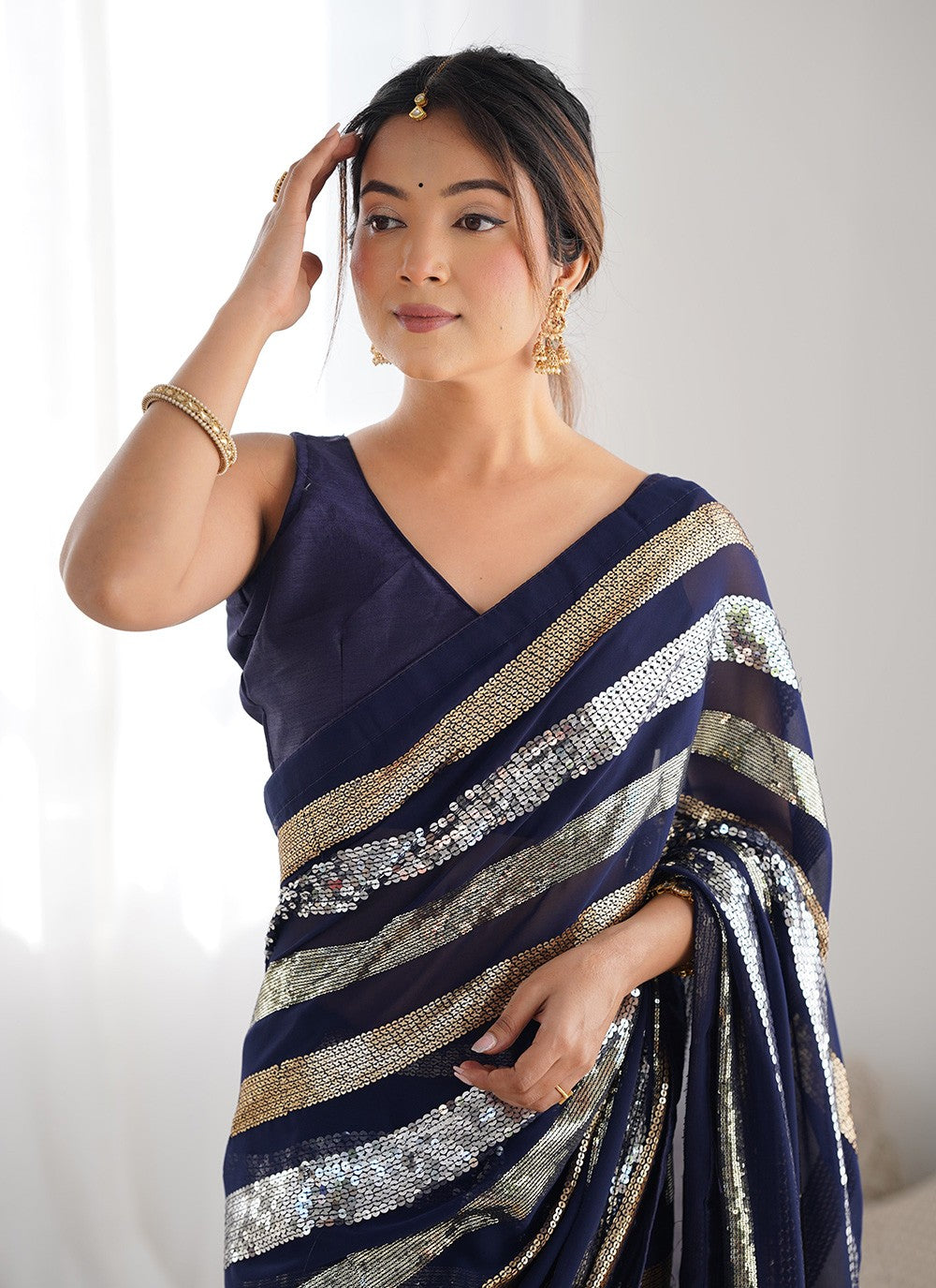 Contemporary Border Work Blue Georgette S12414