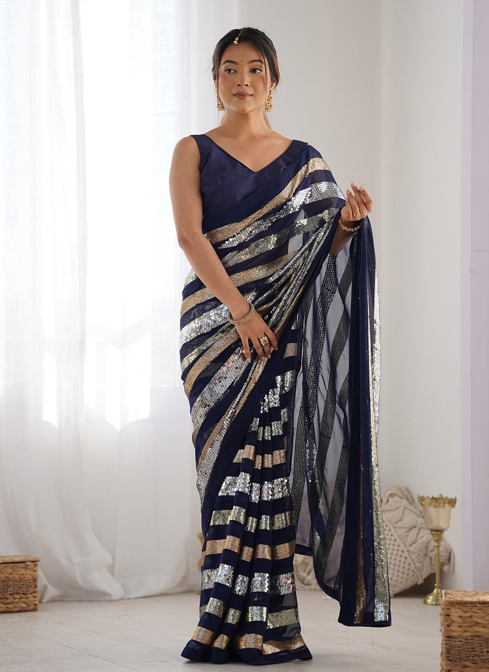 Contemporary Border Work Blue Georgette S12414