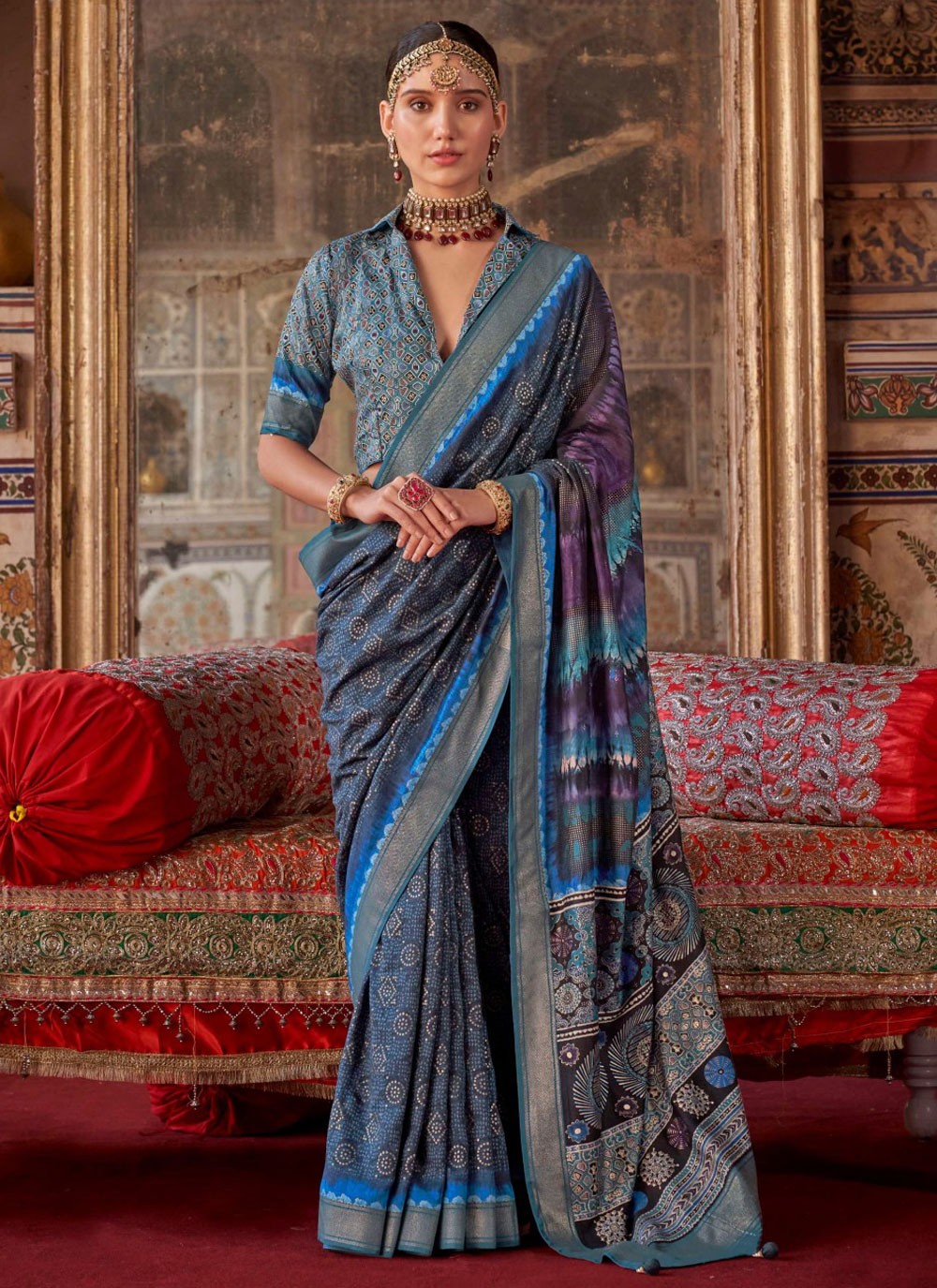 Contemporary Printed Blue Silk Saree S13689