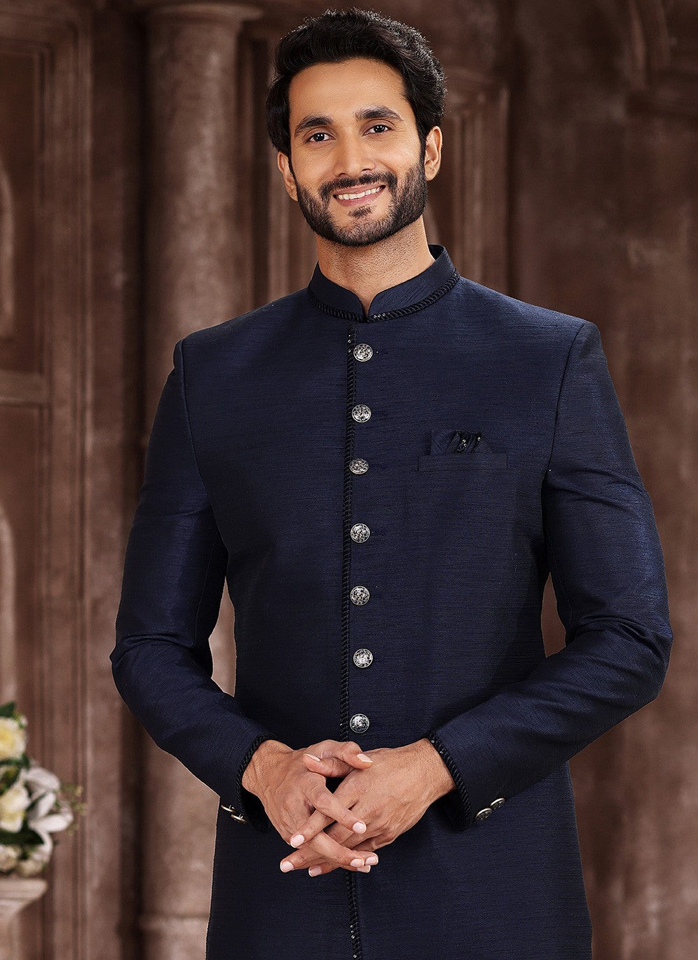 Buttons Art Silk Blue Indo Western Sherwani - M5384