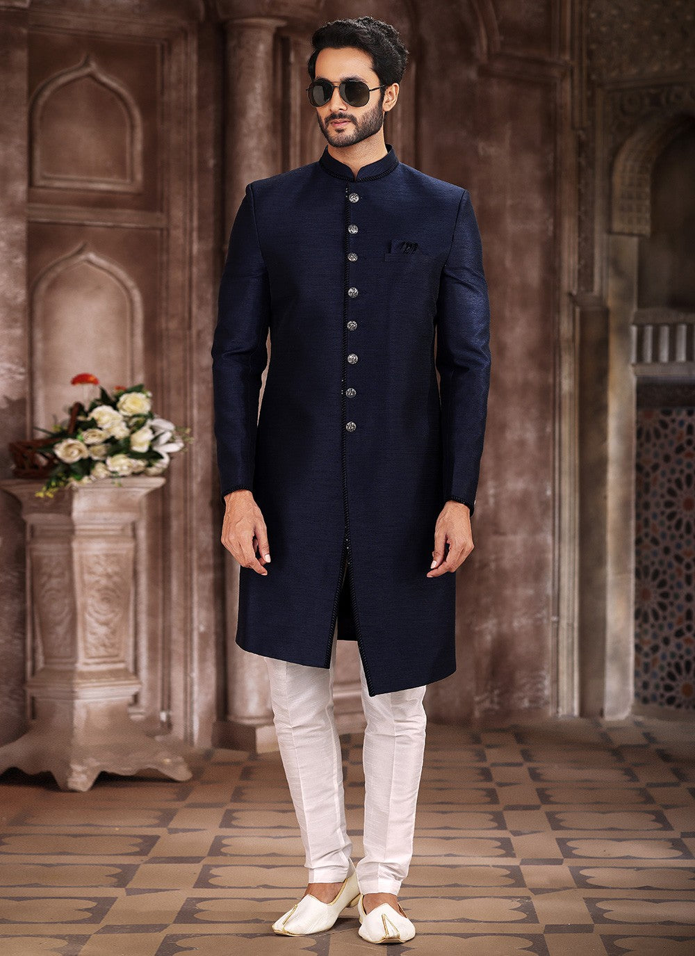 Buttons Art Silk Blue Indo Western Sherwani - M5384