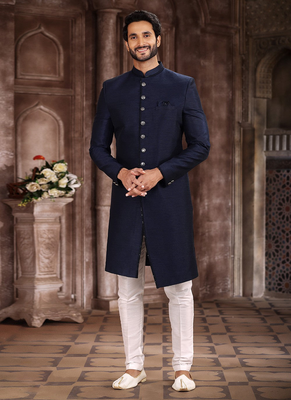 Buttons Art Silk Blue Indo Western Sherwani - M5384