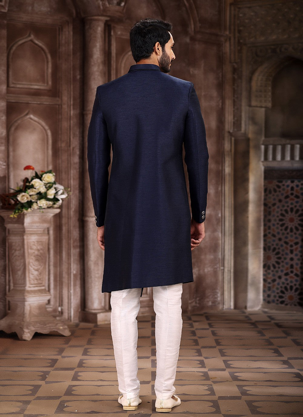 Buttons Art Silk Blue Indo Western Sherwani - M5384