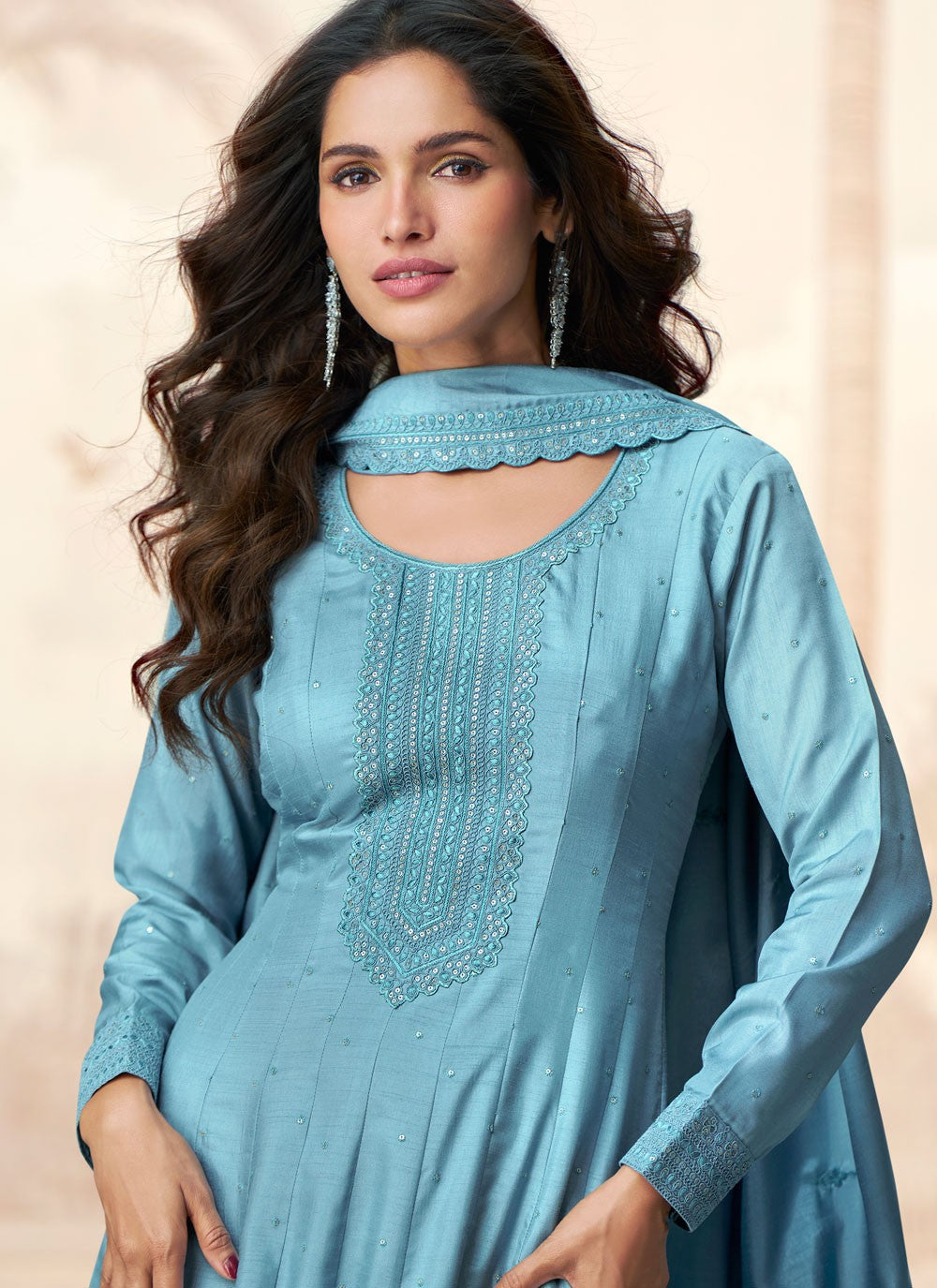 Embroidered Silk Blue Gown G19819