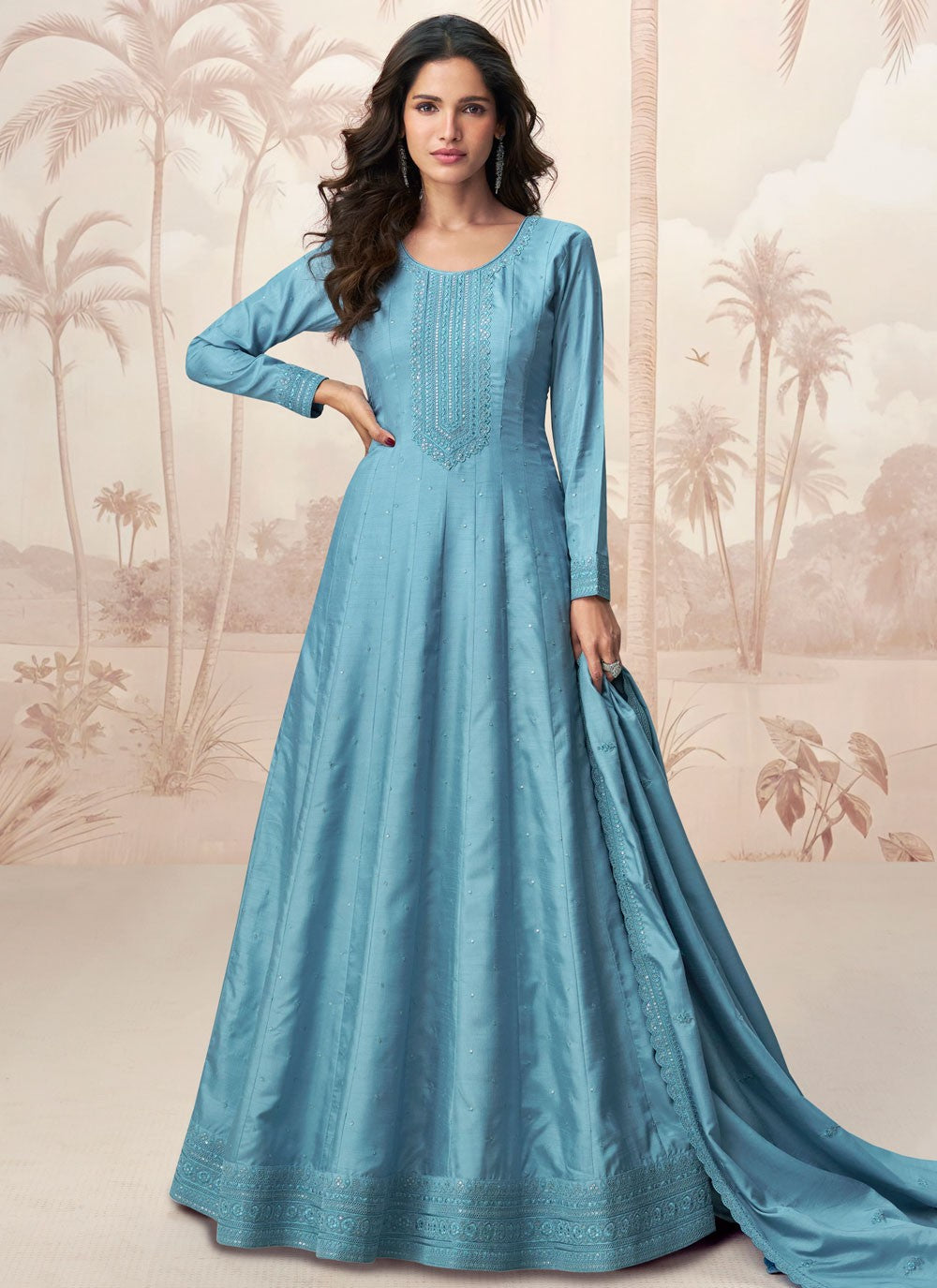 Embroidered Silk Blue Gown G19819