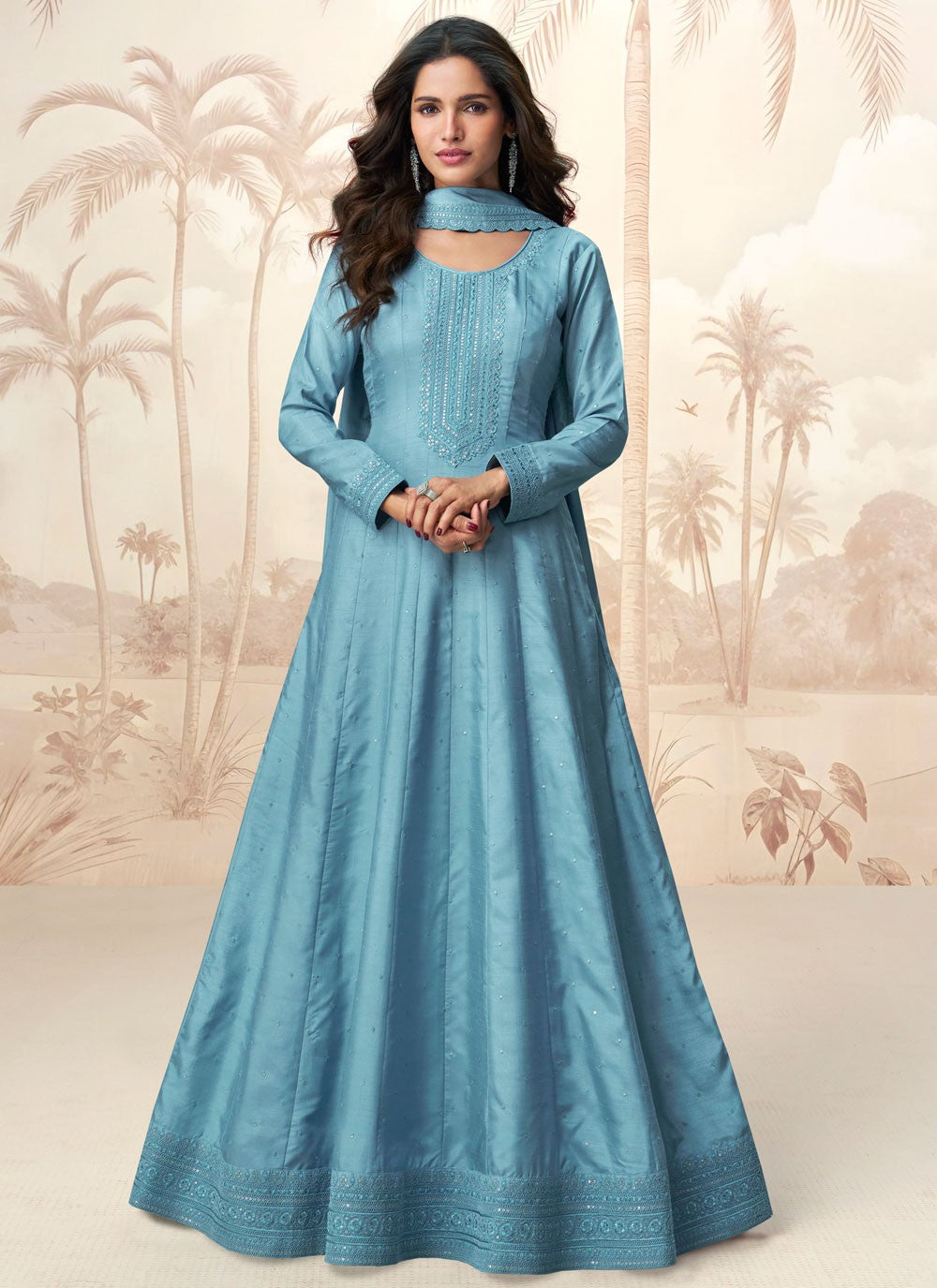 Embroidered Silk Blue Gown G19819