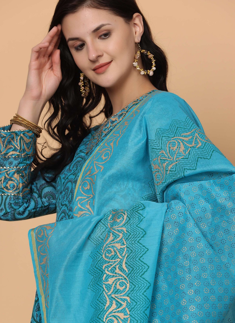 Printed Chanderi Blue Salwar Suit T5936