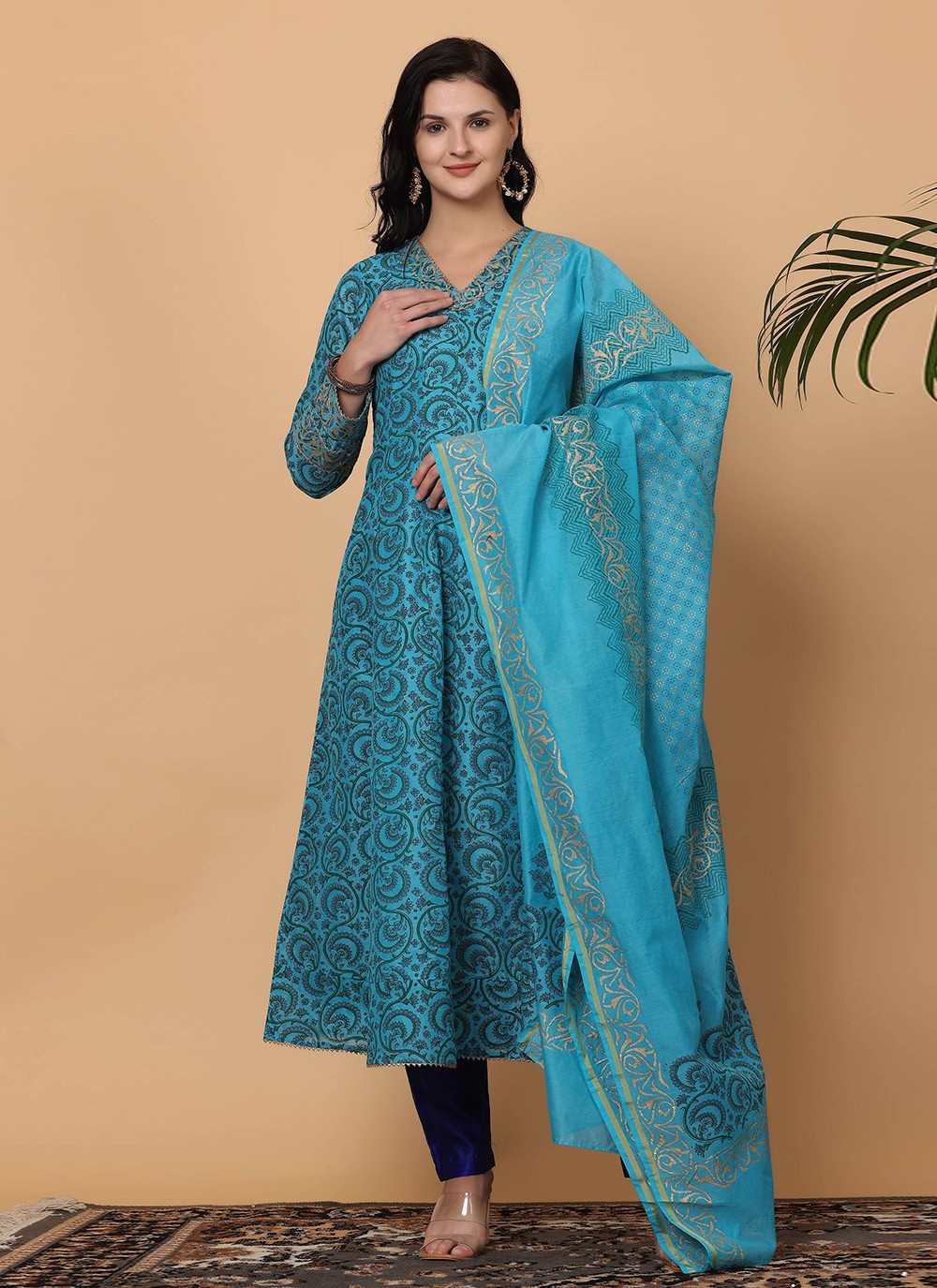 Printed Chanderi Blue Salwar Suit T5936