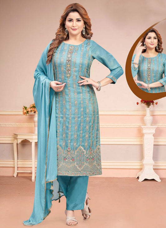 Salwar Suit Embroidered Blue Silk T5817