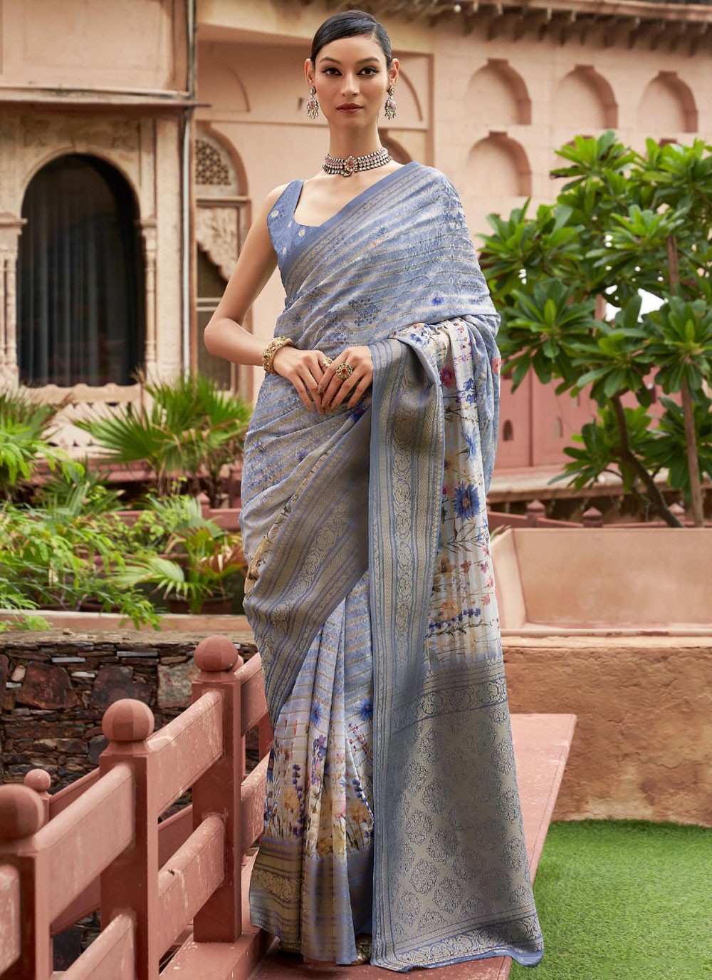 Traditional Digital Print Blue Tussar Silk Saree S13233