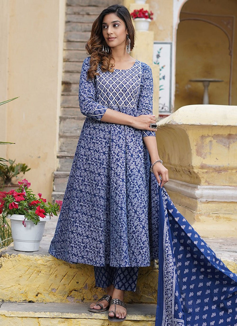 Salwar Suit Floral Printed Blue Cotton T5205