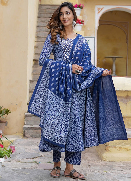 Salwar Suit Floral Printed Blue Cotton T5205