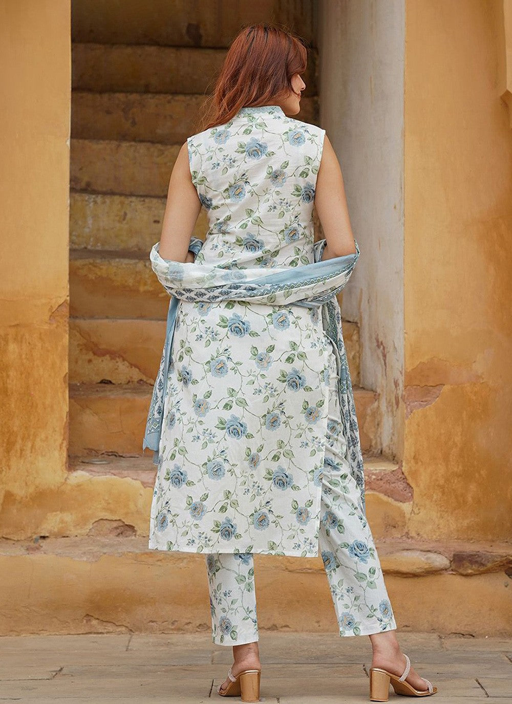 Floral Printed Cotton Pant Style Suit - T4756