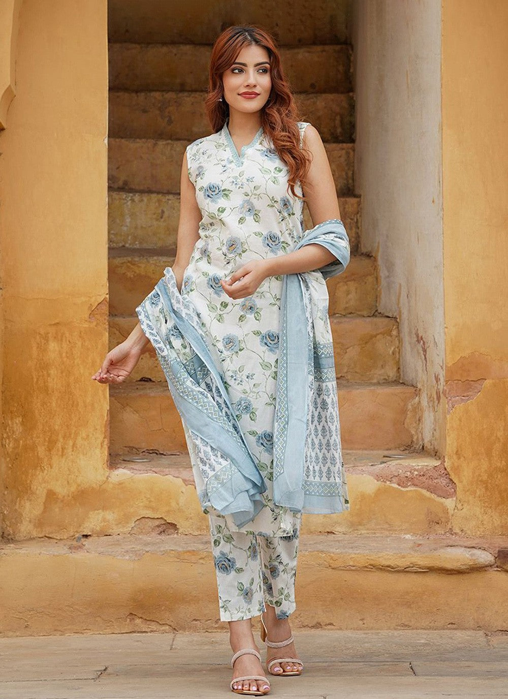 Floral Printed Cotton Pant Style Suit - T4756