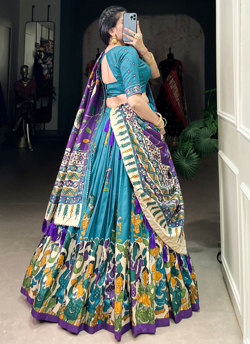 Foliage Prints Tussar Silk Blue Lehenga - L3424