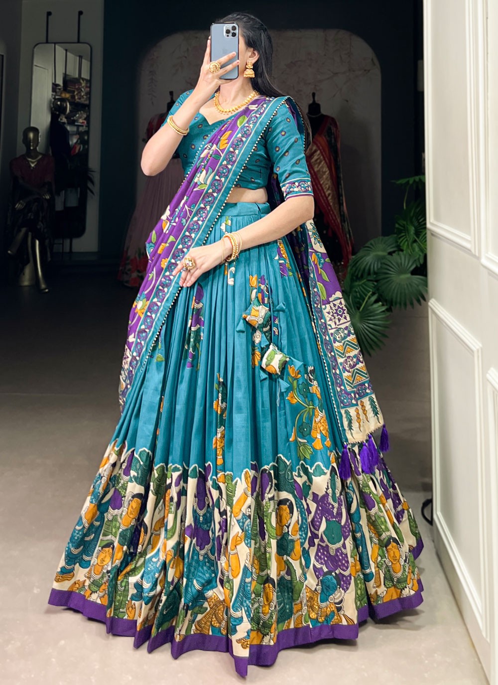 Foliage Prints Tussar Silk Blue Lehenga - L3424