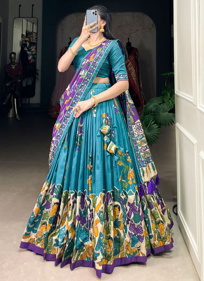 Foliage Prints Tussar Silk Blue Lehenga - L3424