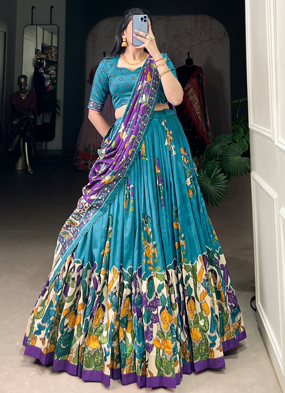 Foliage Prints Tussar Silk Blue Lehenga - L3424