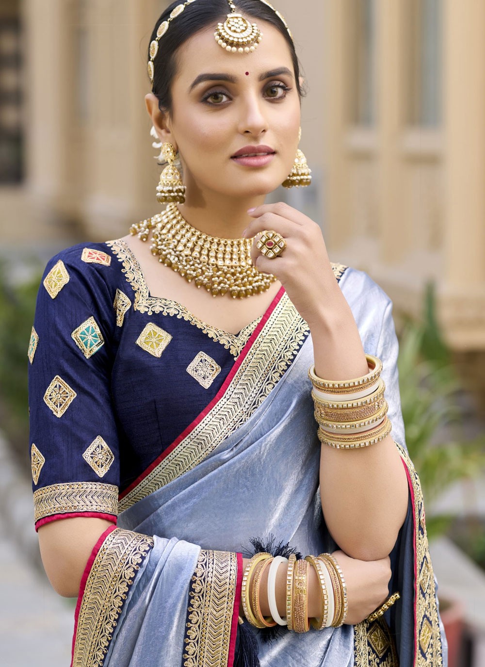 Border Work Georgette Blue Contemporary Saree S15356