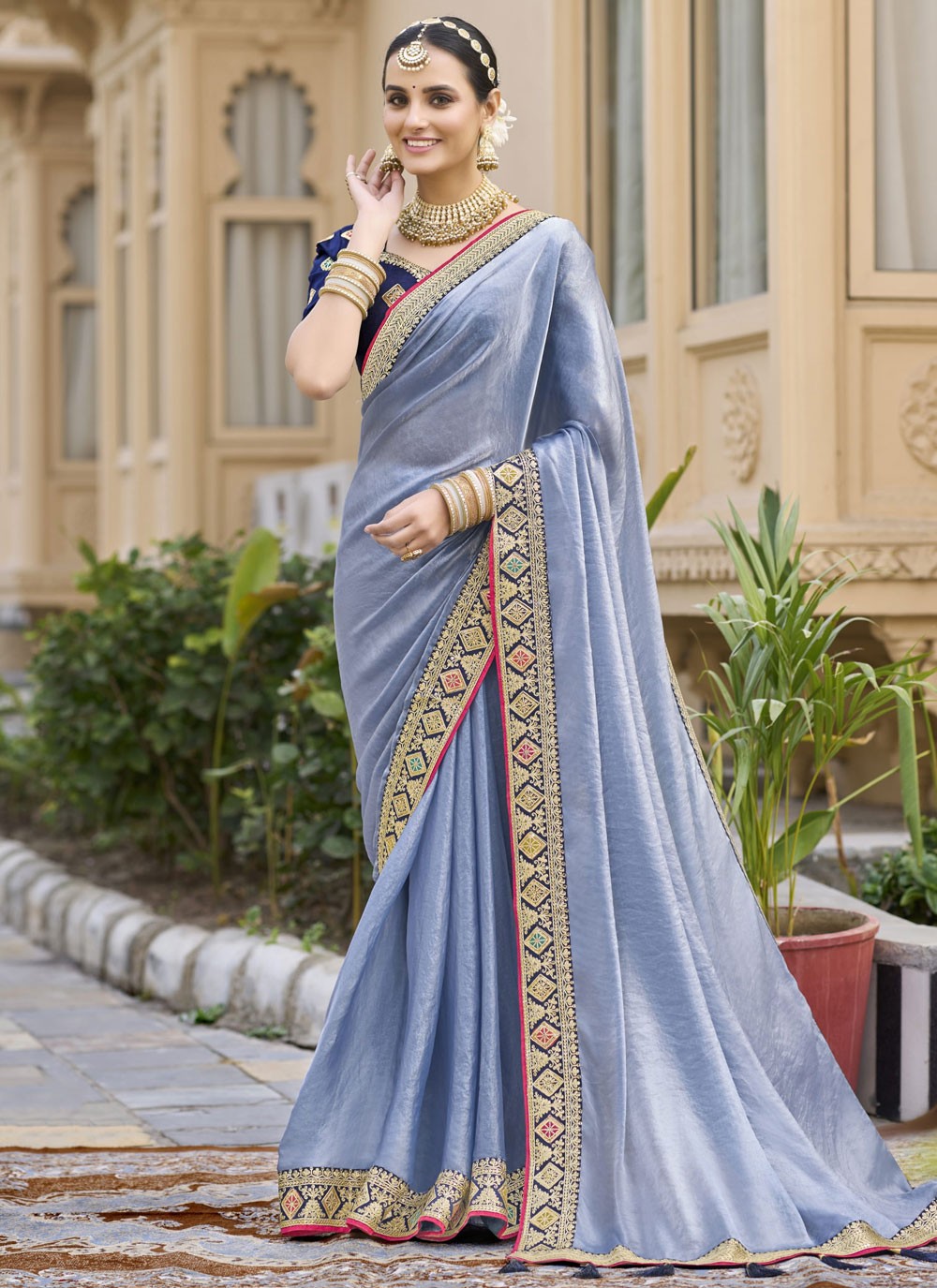 Border Work Georgette Blue Contemporary Saree S15356